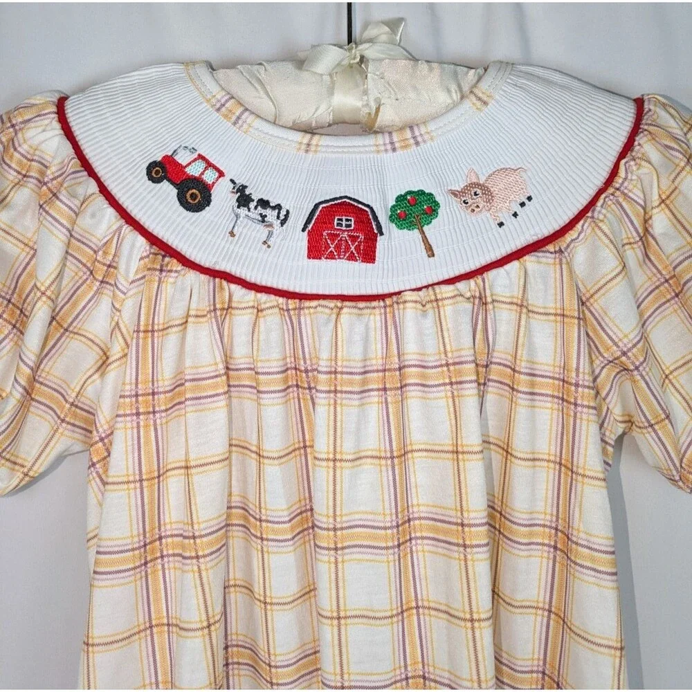 Abbie & Evie Smocked Dress 7 Girl's Plaid Embroidered Farm Animals Pig Country